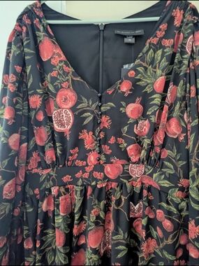 Black Floral Pomegranate Print V-Neck Midi Dress